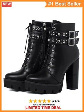 Gothic Platform Combat Boots Round Toe Side Zip Lace Up Ankle Booties
